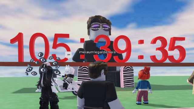 Um jogo no roblox com o personagem do MeiaUm sentado com o timer da subathon em vermelho no colo dele