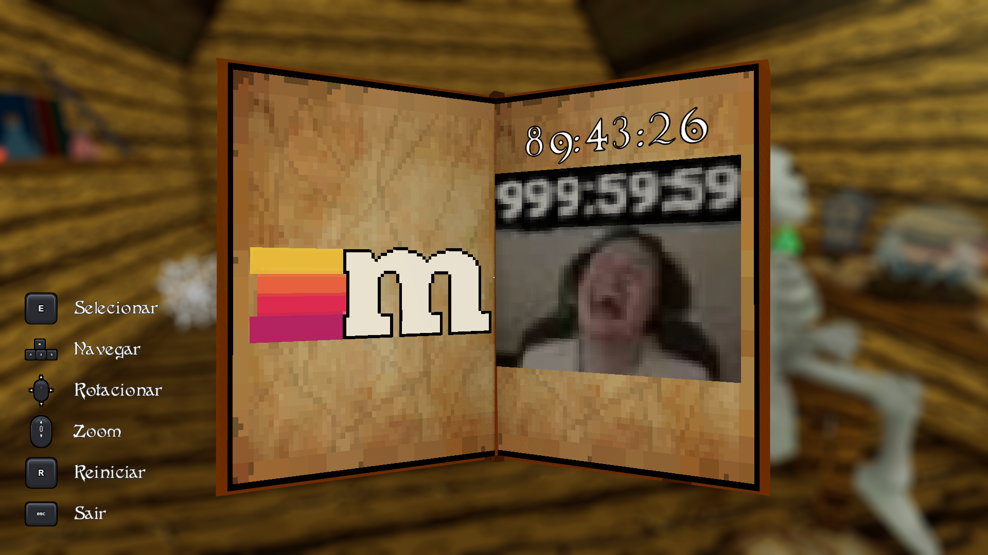 Um livro com a logo do meiaum na parte da esquerda, e com o timer e a foto do meiaum na parte da direita