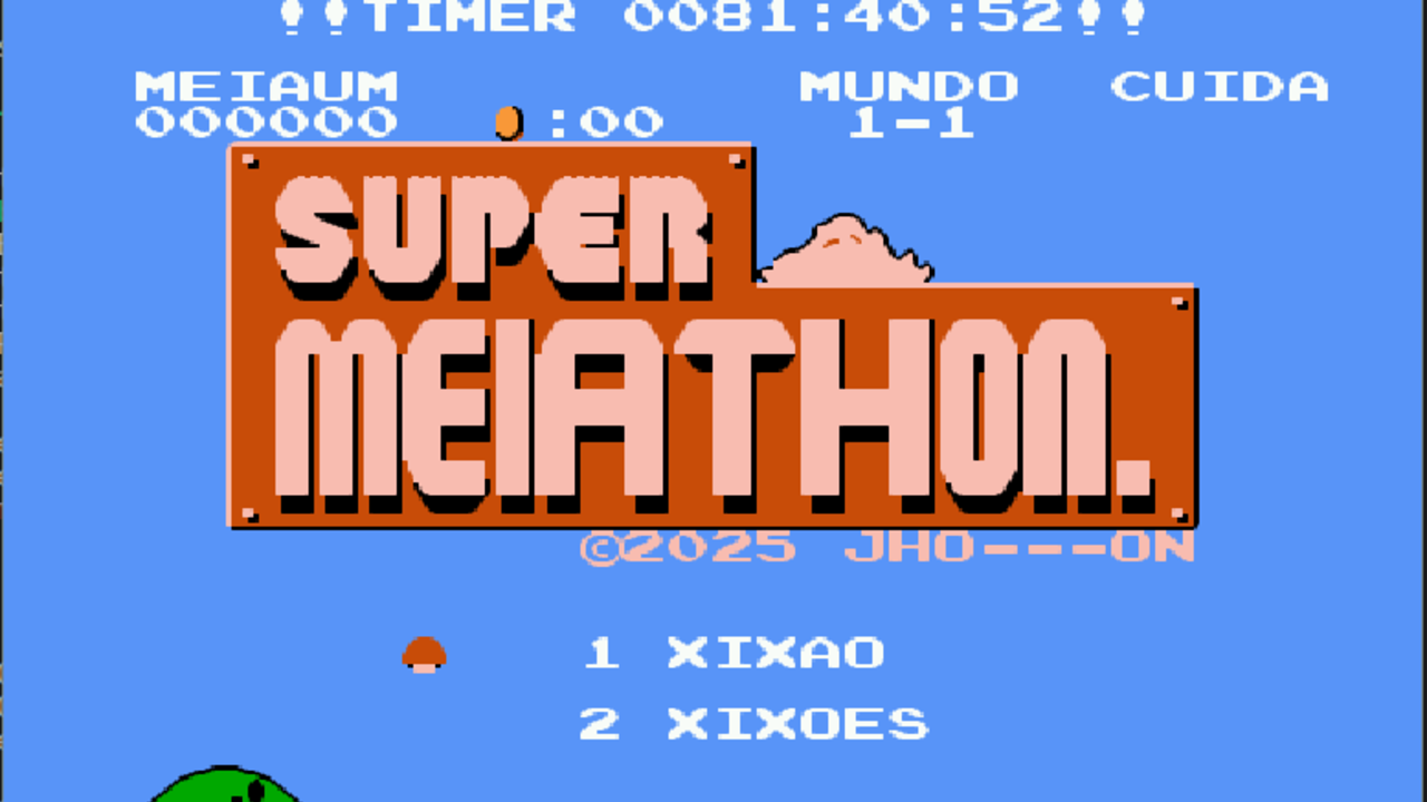 MeiaUm na parte de trás com as mãos pra cima, e o timer na frente dele.